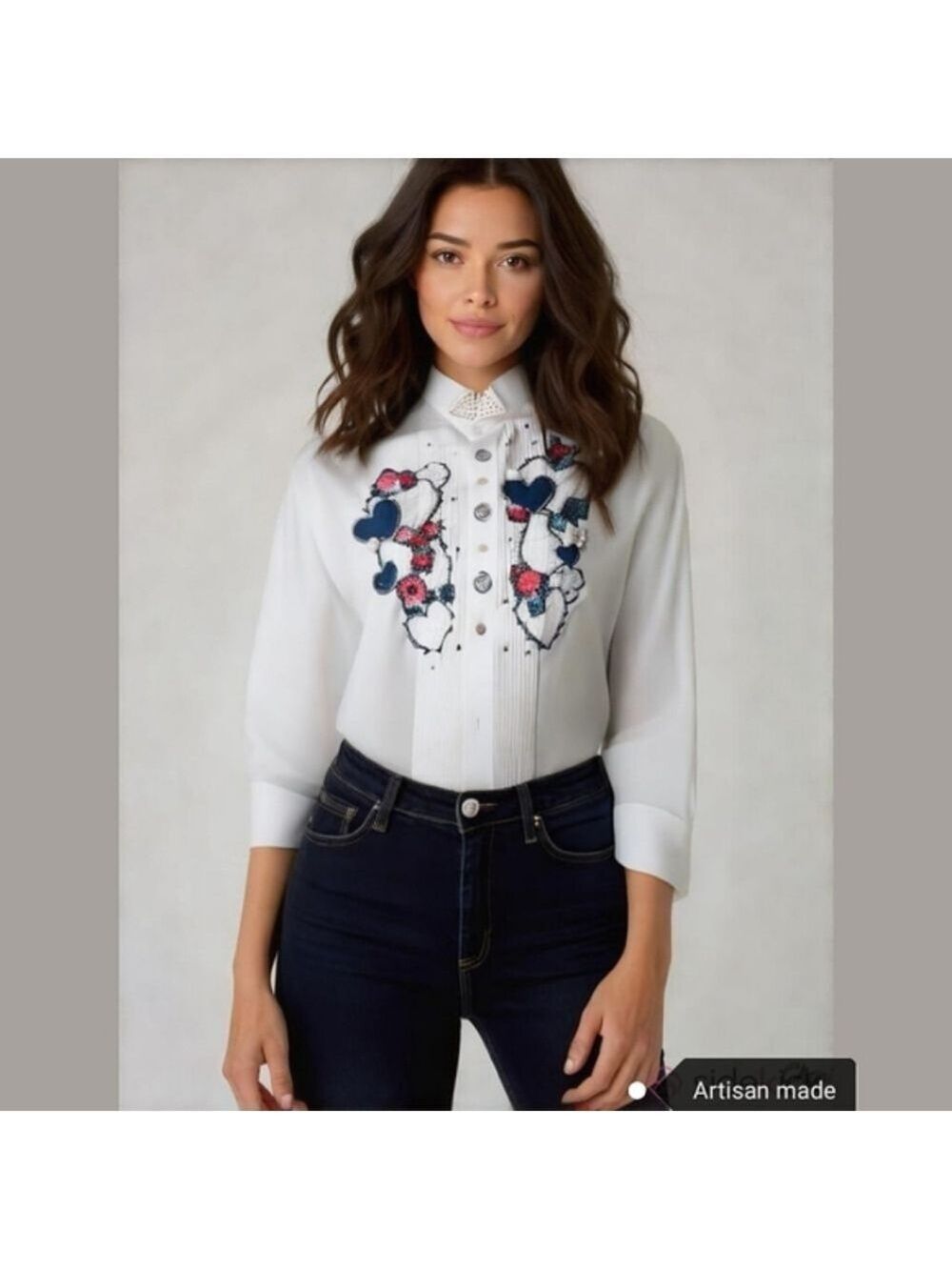 VINTAGE White top blouse tuxedo shirt Artisan